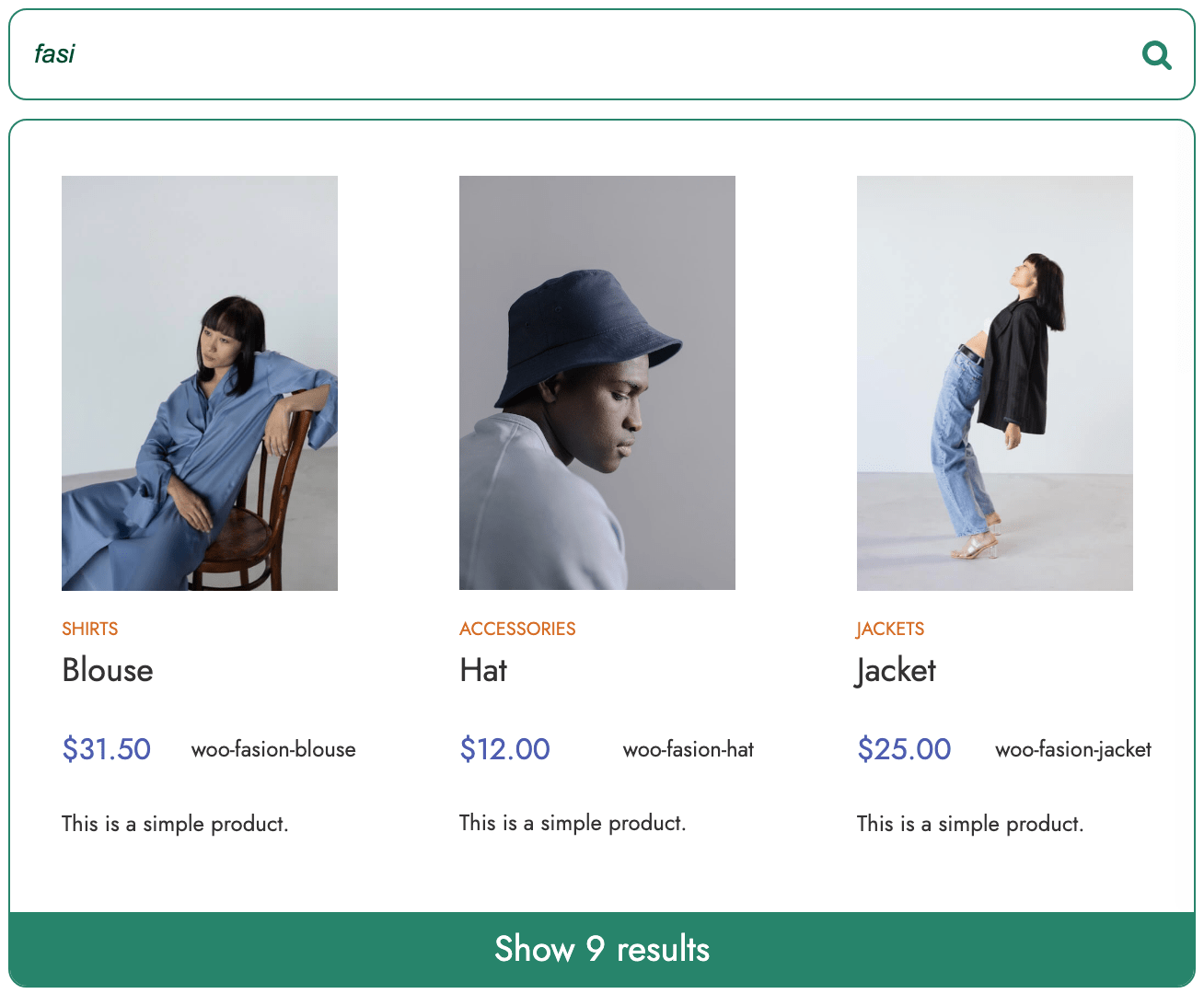 Smart Search working seamlessly with a minimal WooCommerce theme, showing product results with images, category labels, prices and SKU