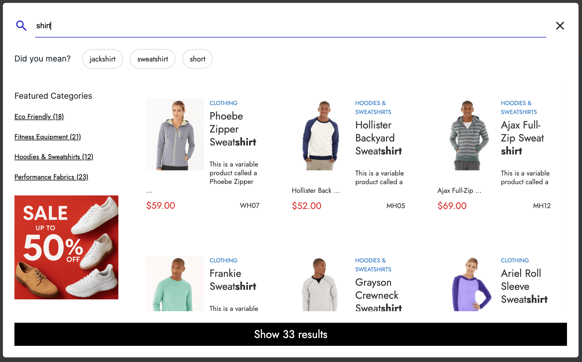 Smart Search showing Did You Mean suggestions and live search results with product images, descriptions, prices and SKU codes