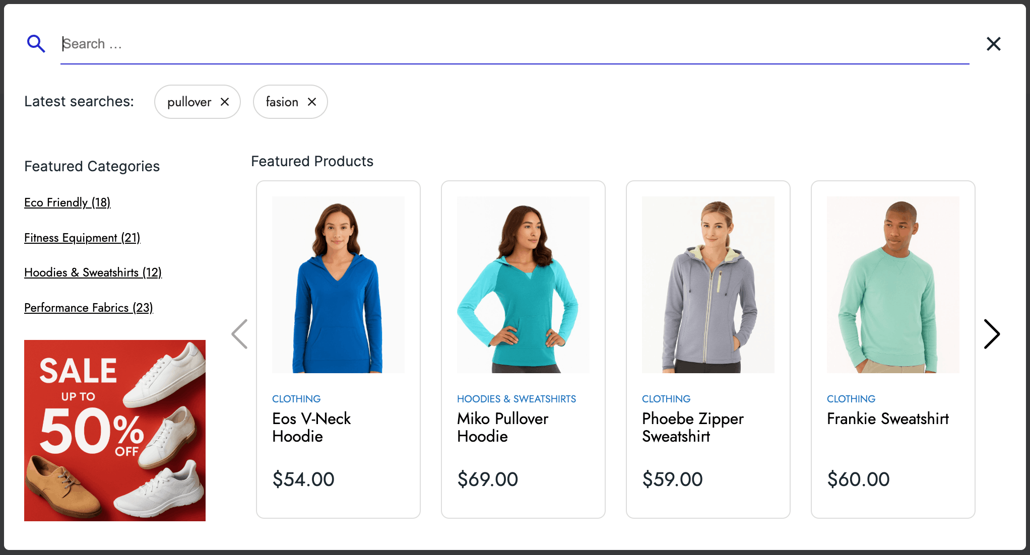 Smart Search full-screen mode showing featured categories, recent searches, and featured products grid with images and prices