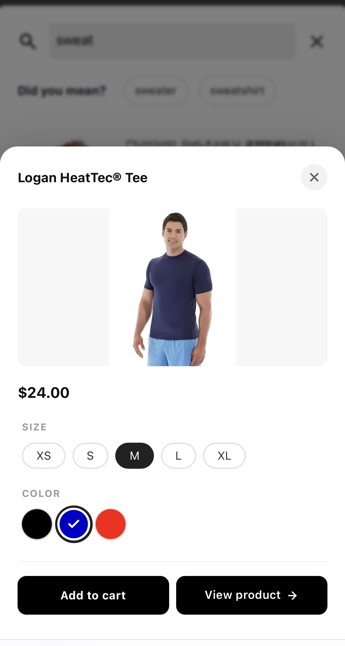 Smart Search showing variable product options popup with size and color selectors directly inside the search results overlay